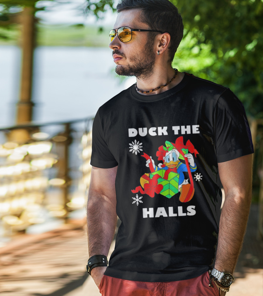 Duck The Halls Christmas With Present And Snowflakes T-Shirt