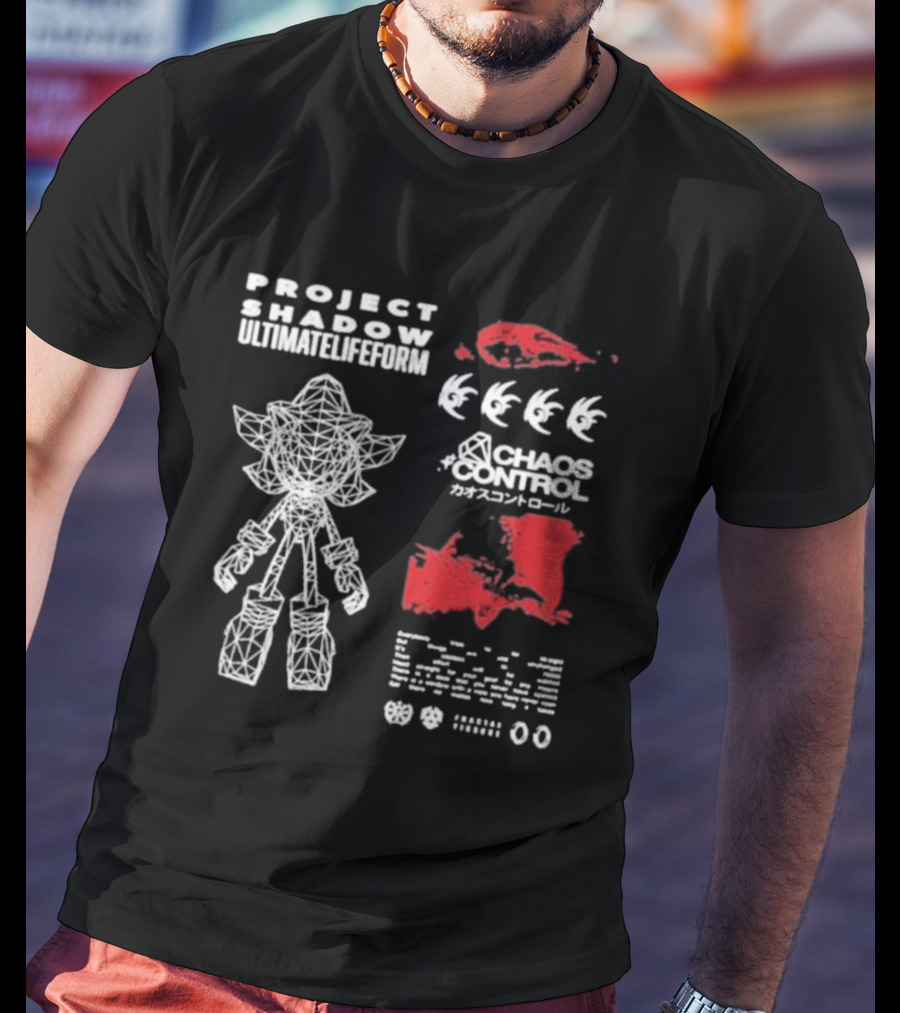 Project Shadow Ultimate Lifeform Chaos Control Japanese Text Wireframe Character Red Elements T-Shirt