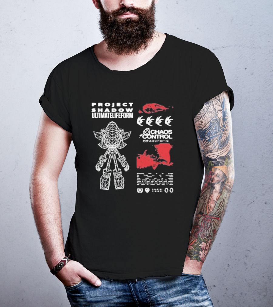 Project Shadow Ultimate Lifeform Chaos Control Japanese Text Wireframe Character Red Elements T-Shirt