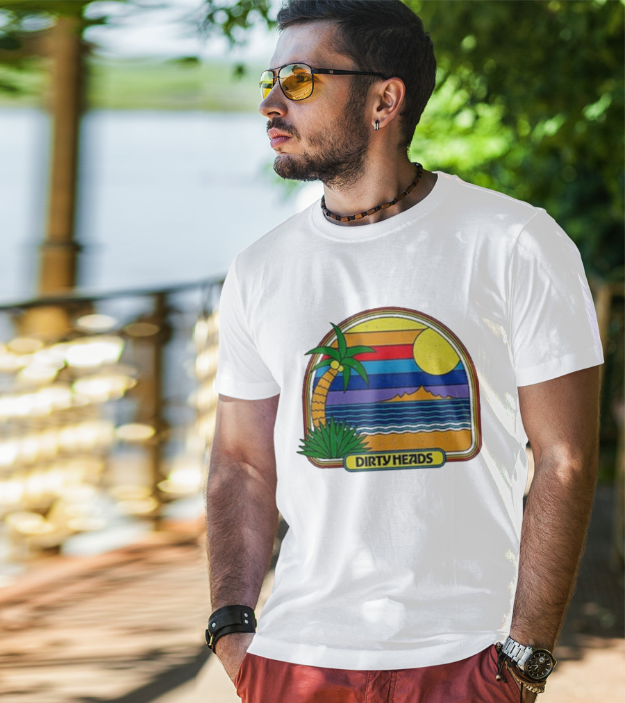 Dirty Heads Retro Beach Sunset Palms Ocean Scene T-Shirt