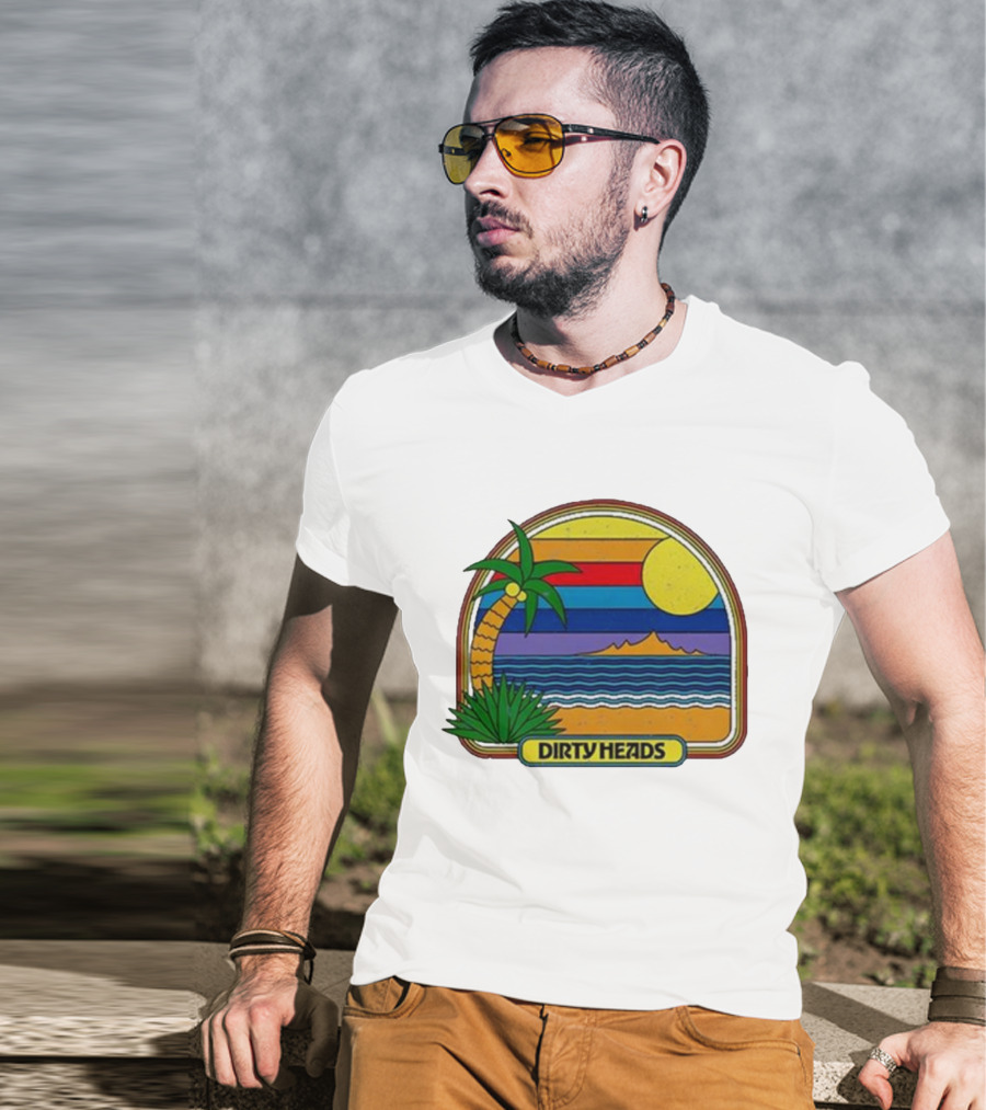 Dirty Heads Retro Beach Sunset Palms Ocean Scene T-Shirt