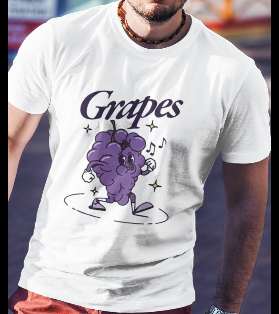 James Marriott Grapes Dancing Purple Cartoon With Musical Notes And Stars T-Shirt