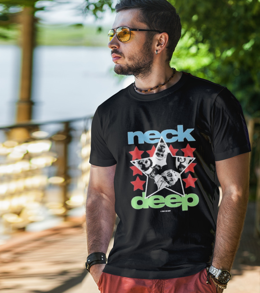 Neck Deep Blue And Green Star With Red Stars And Faces T-Shirt
