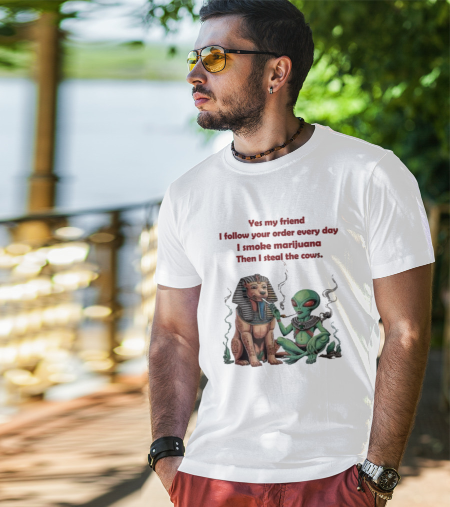 Yes My Friend I Follow Your Order Every Day I Smoke Marijuana Then I Steal The Cows Alien With Sphinx Smoking T-Shirt