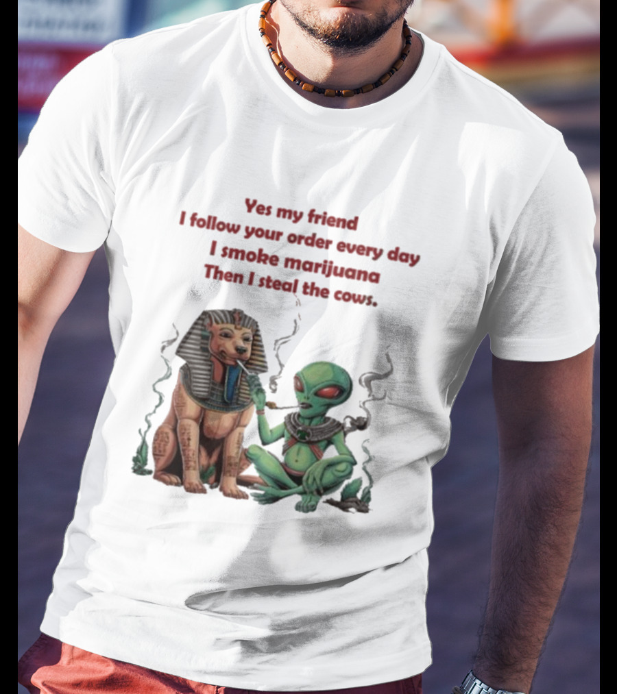 Yes My Friend I Follow Your Order Every Day I Smoke Marijuana Then I Steal The Cows Alien With Sphinx Smoking T-Shirt