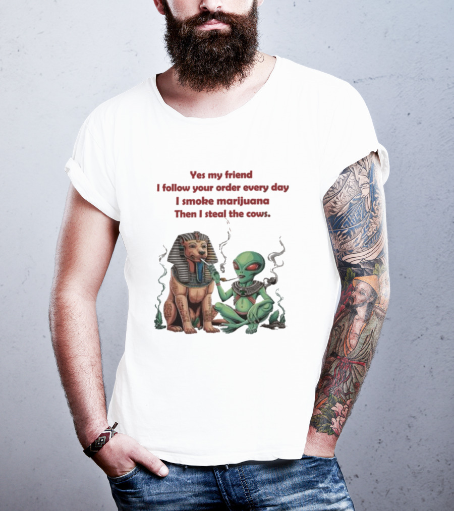 Yes My Friend I Follow Your Order Every Day I Smoke Marijuana Then I Steal The Cows Alien With Sphinx Smoking T-Shirt