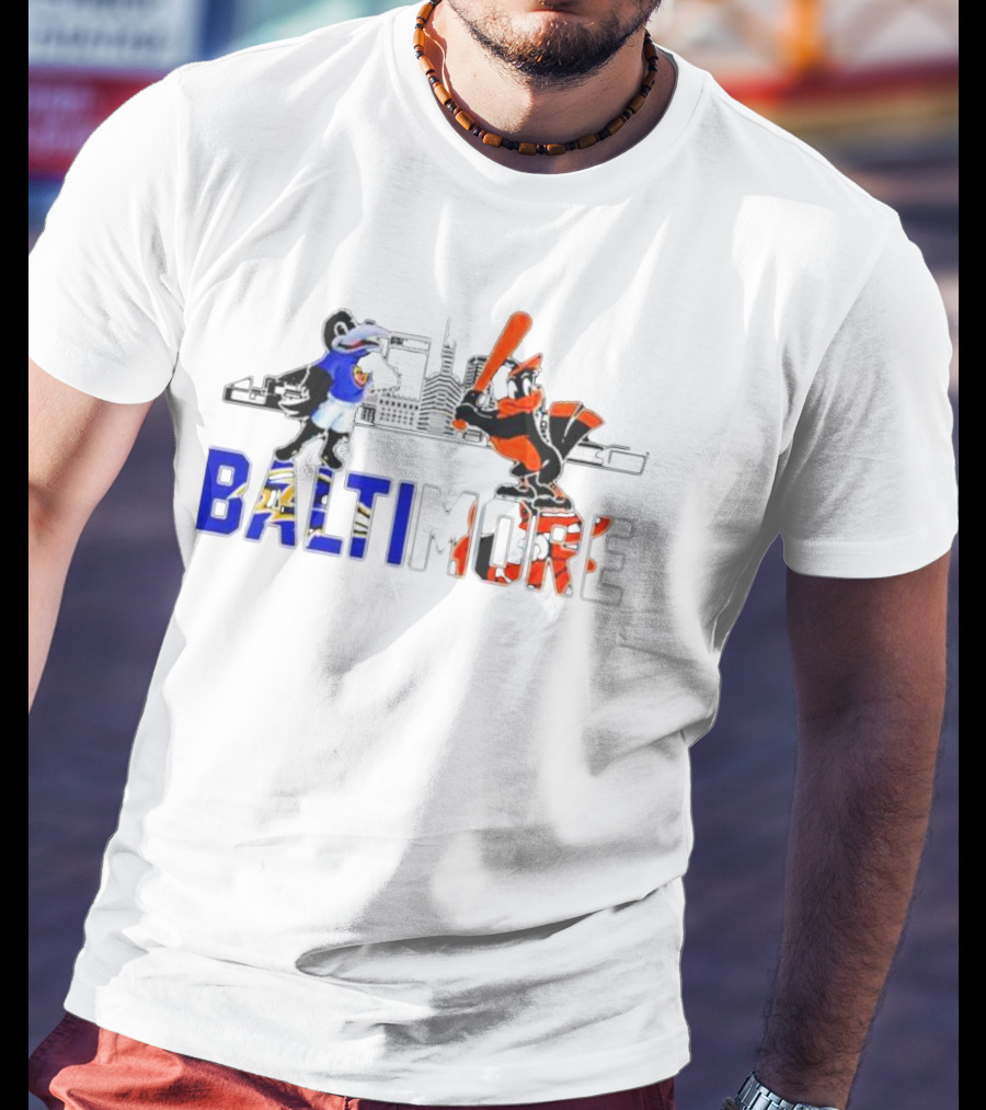 Baltimore Ravens And Orioles Mascot Skyline T-Shirt