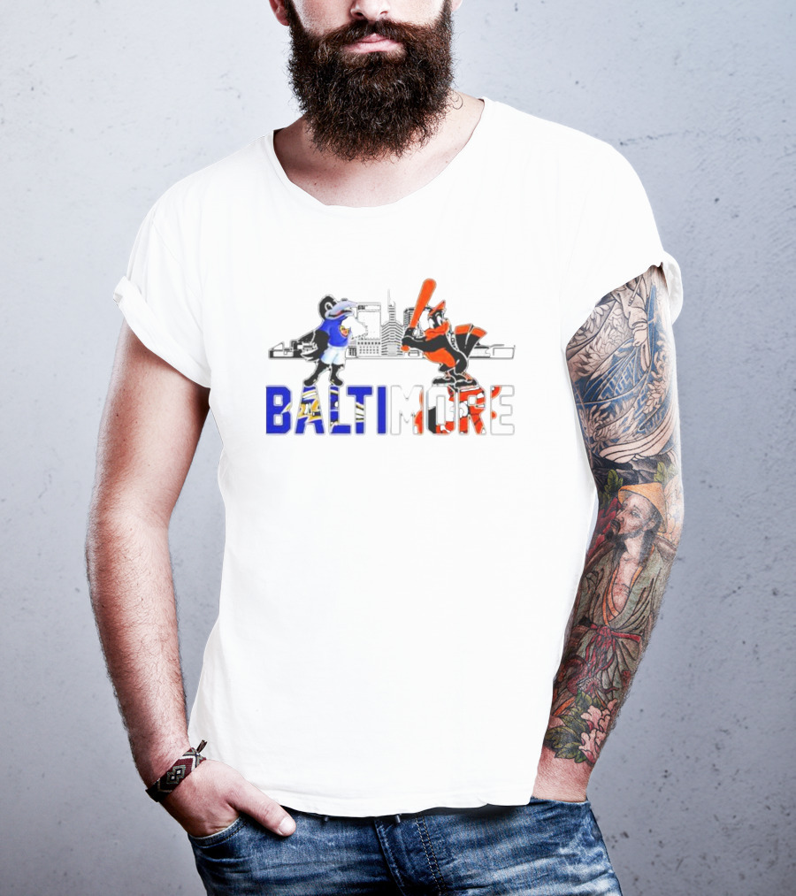 Baltimore Ravens And Orioles Mascot Skyline T-Shirt