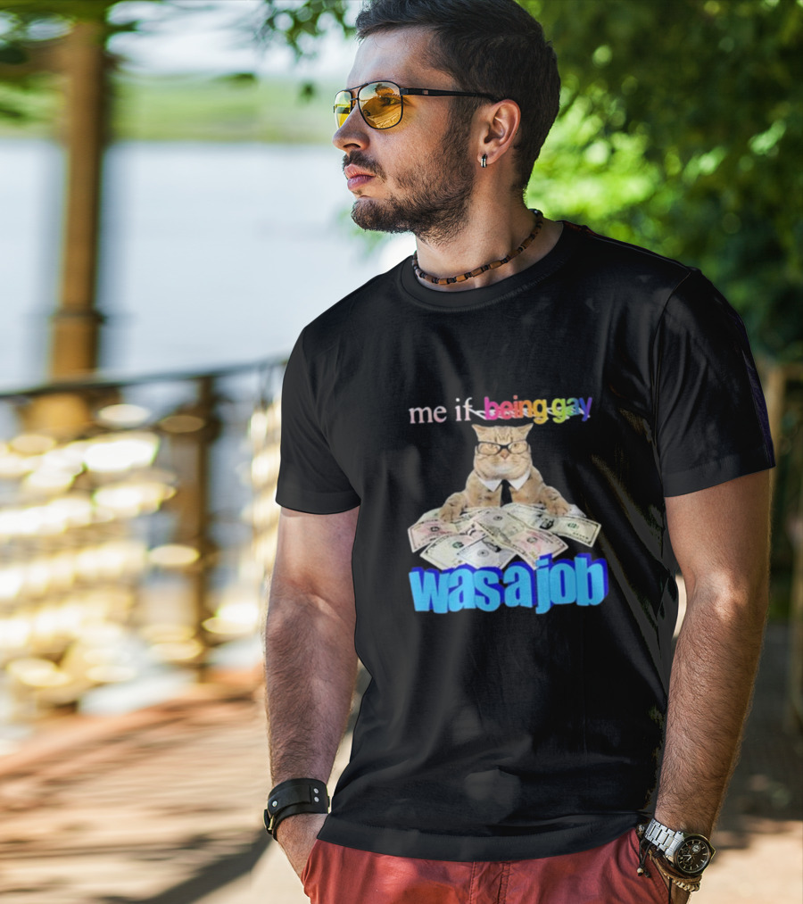 Cat With Money And Rainbow Text Me If Being Gay Was A Job T-Shirt