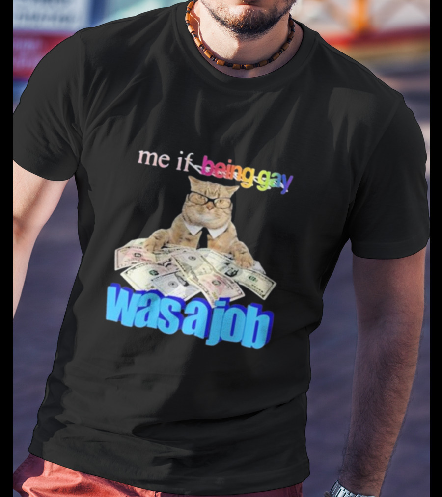 Cat With Money And Rainbow Text Me If Being Gay Was A Job T-Shirt