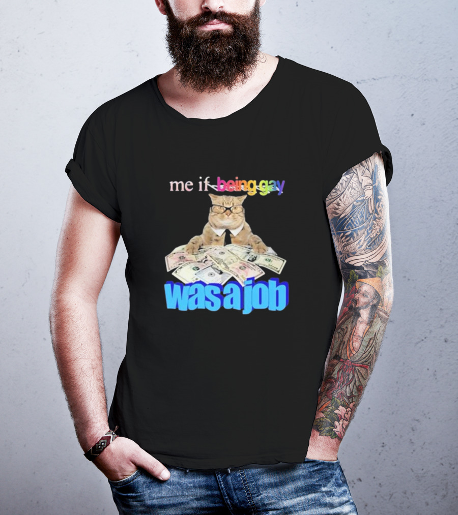 Cat With Money And Rainbow Text Me If Being Gay Was A Job T-Shirt