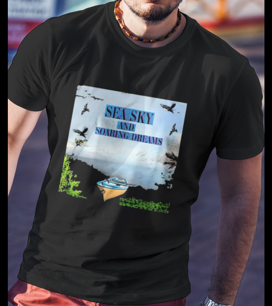 SEA SKY AND SOARING DREAMS WITH BIRDS AND BOAT IN NATURE SCENE T-Shirt