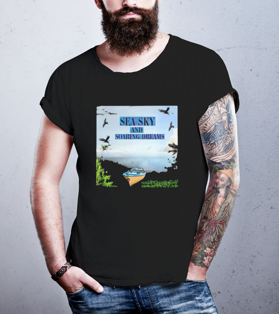 SEA SKY AND SOARING DREAMS WITH BIRDS AND BOAT IN NATURE SCENE T-Shirt