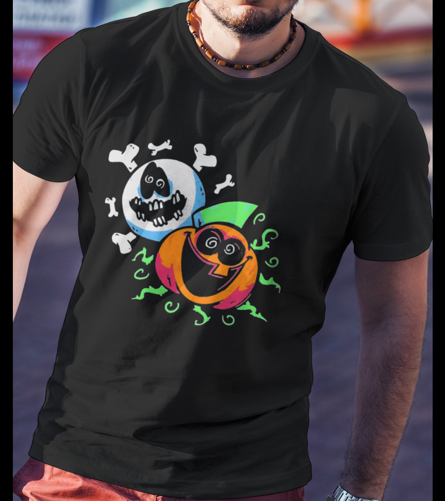 Spooky Month Colorful Cartoon Ghosts And Pumpkins With Bones T-Shirt