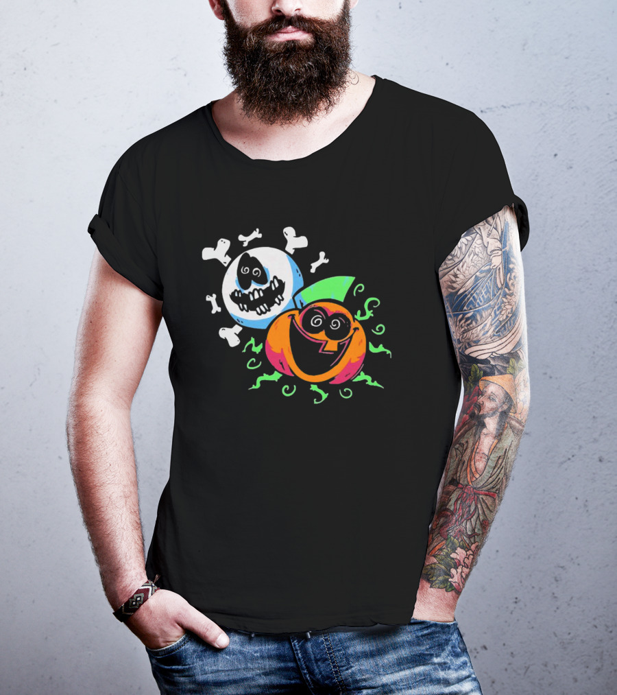 Spooky Month Colorful Cartoon Ghosts And Pumpkins With Bones T-Shirt