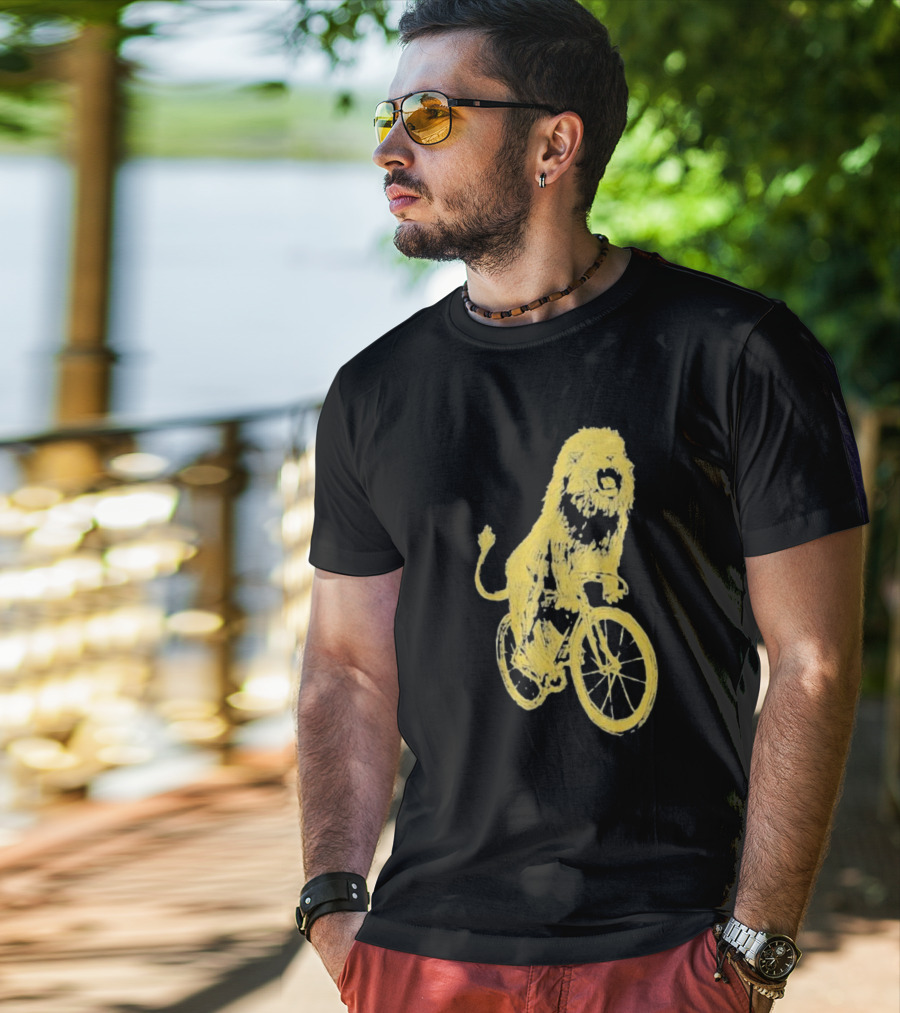 Lion Riding Bicycle Sketch Yellow T-Shirt