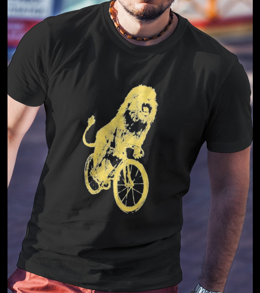 Lion Riding Bicycle Sketch Yellow T-Shirt