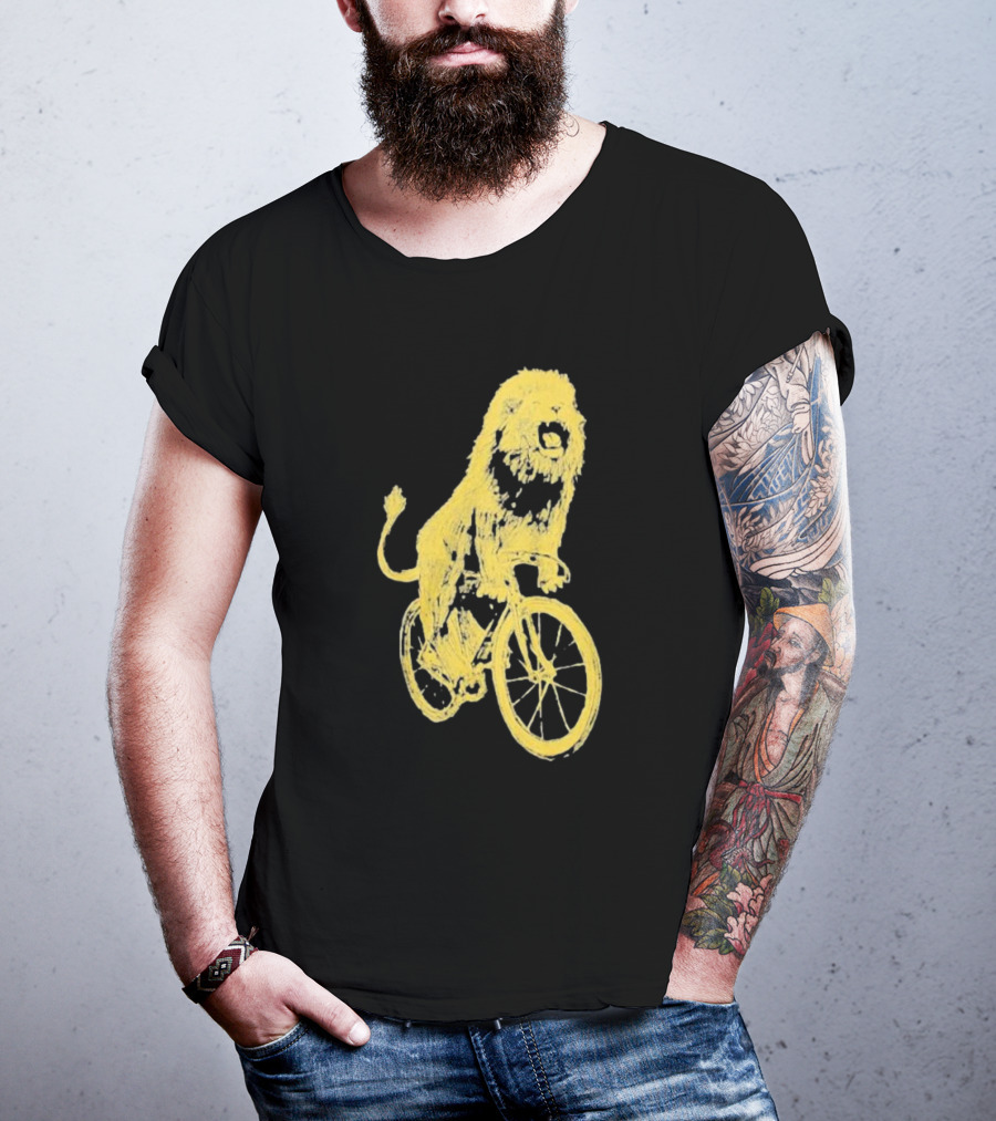 Lion Riding Bicycle Sketch Yellow T-Shirt