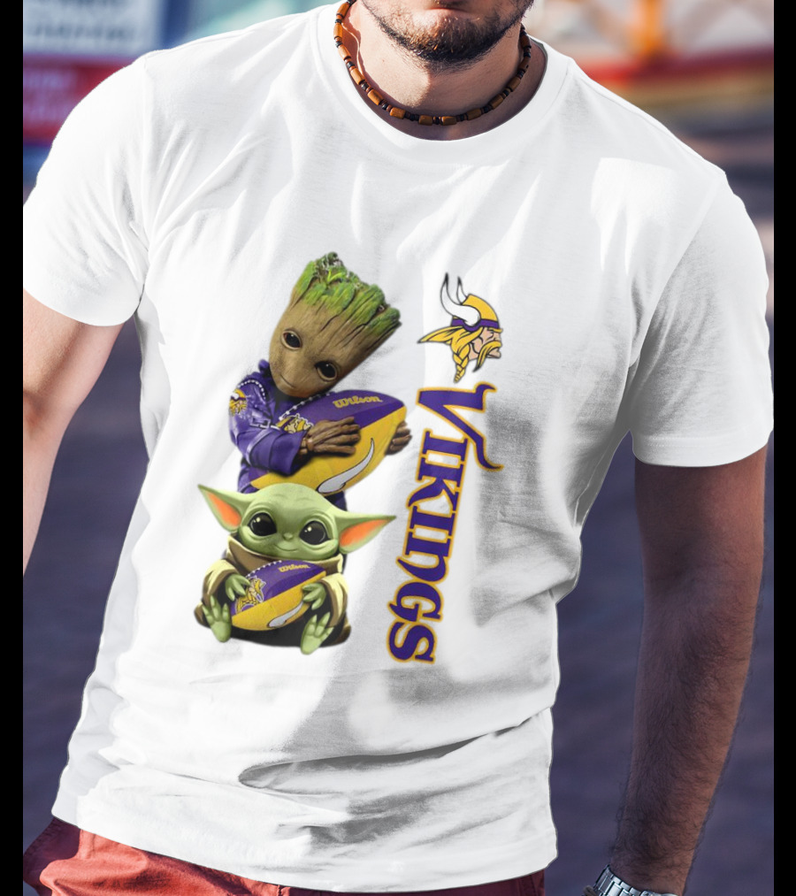 Baby Groot And Yoda Hugging Minnesota Vikings Football T-Shirt