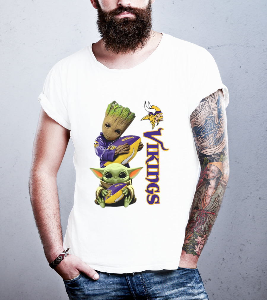 Baby Groot And Yoda Hugging Minnesota Vikings Football T-Shirt