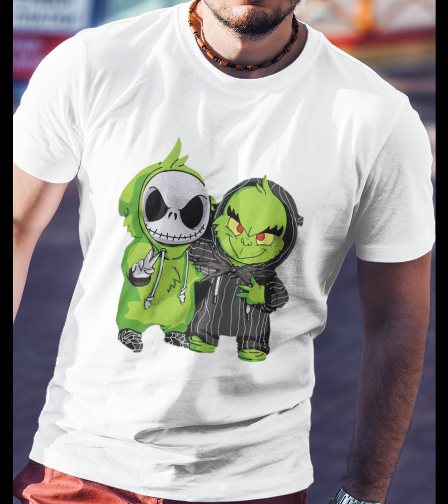 Baby Jack Skellington And Grinch In Green Hoodies T-Shirt