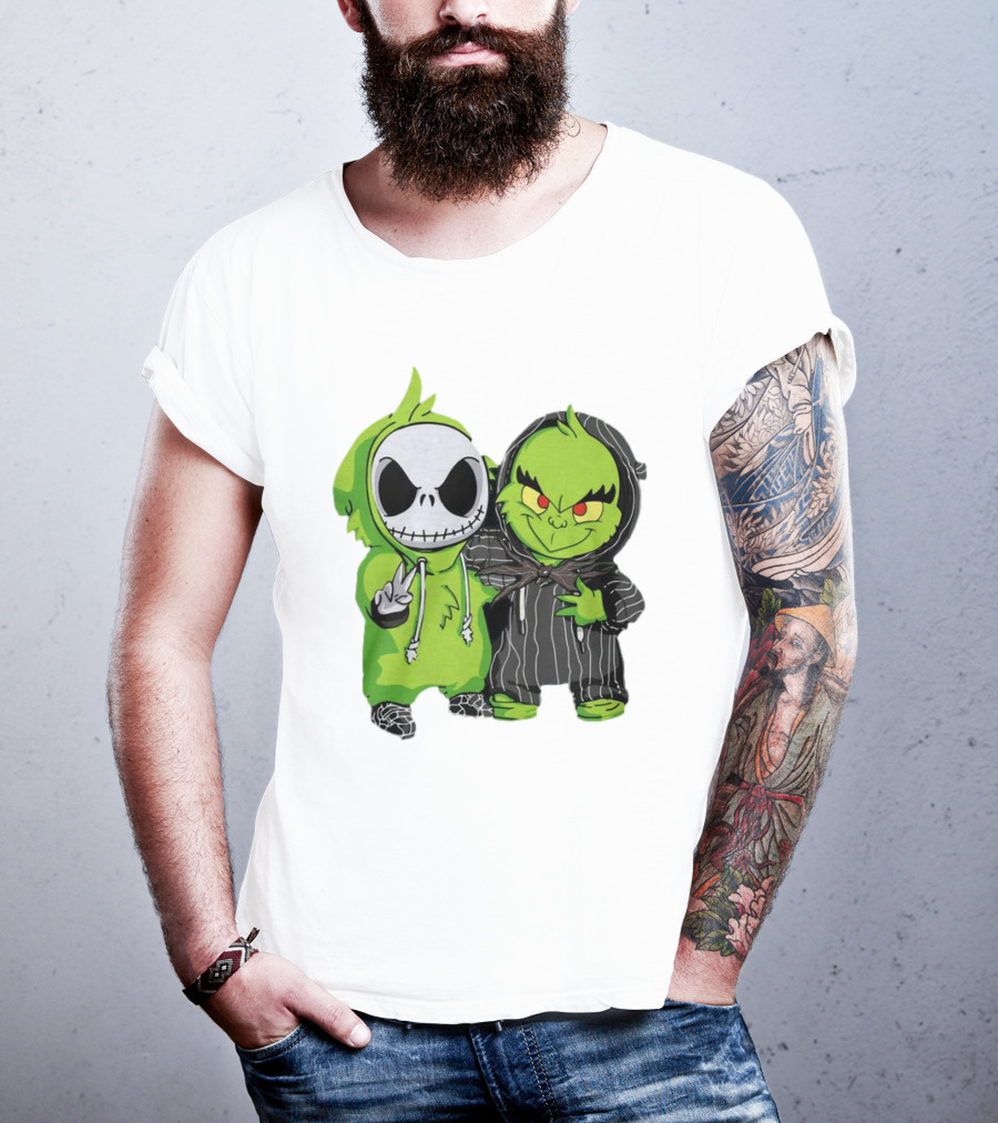 Baby Jack Skellington And Grinch In Green Hoodies T-Shirt