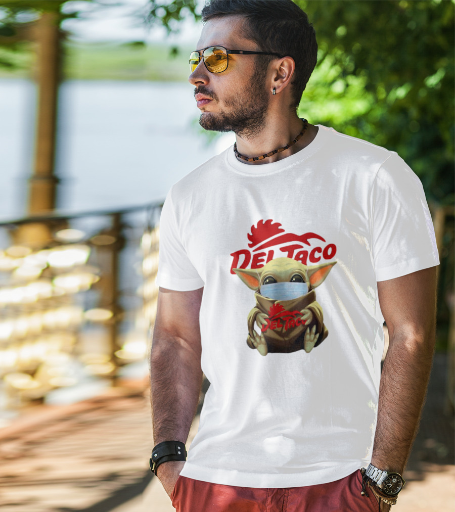 Baby Yoda Wearing Face Mask Holding Del Taco T-Shirt