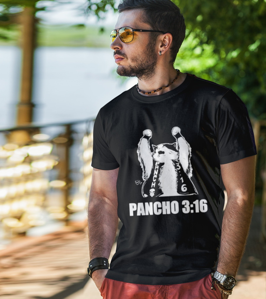 Pancho 3:16 Cat Illustration With Skull Motif And Raised Paws T-Shirt