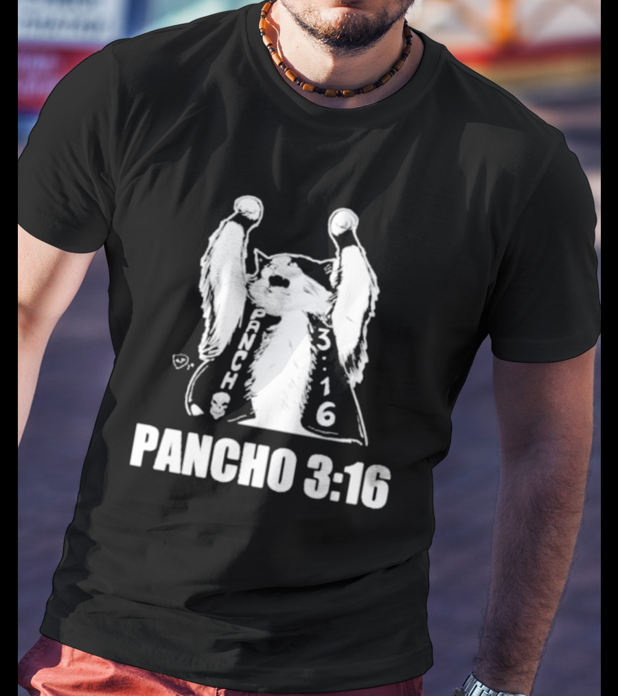 Pancho 3:16 Cat Illustration With Skull Motif And Raised Paws T-Shirt