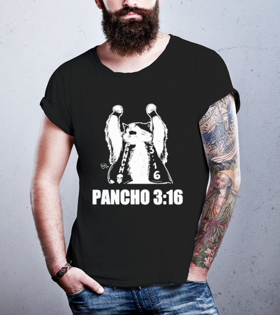 Pancho 3:16 Cat Illustration With Skull Motif And Raised Paws T-Shirt