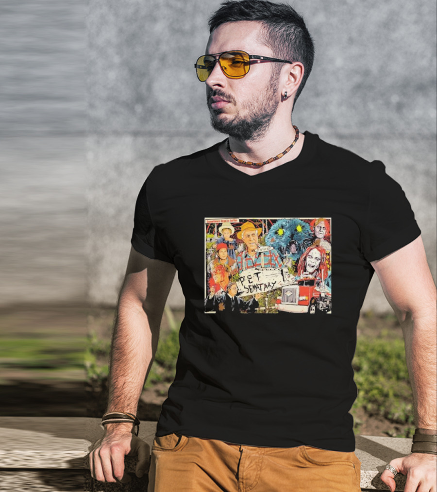 Pet Sematary Sometimes Dead Is Better Horror Characters Collage With Cat And Truck T-Shirt