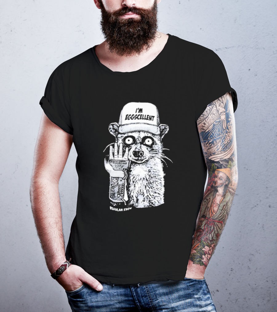 I'm Eggscellent Rigby Regular Show Raccoon Wearing Hat With Cybernetic Arm T-Shirt