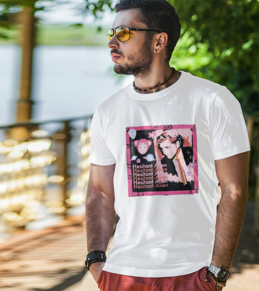 Hesitant Alien Pink Portrait Repeated Text And Mask Cartoon T-Shirt