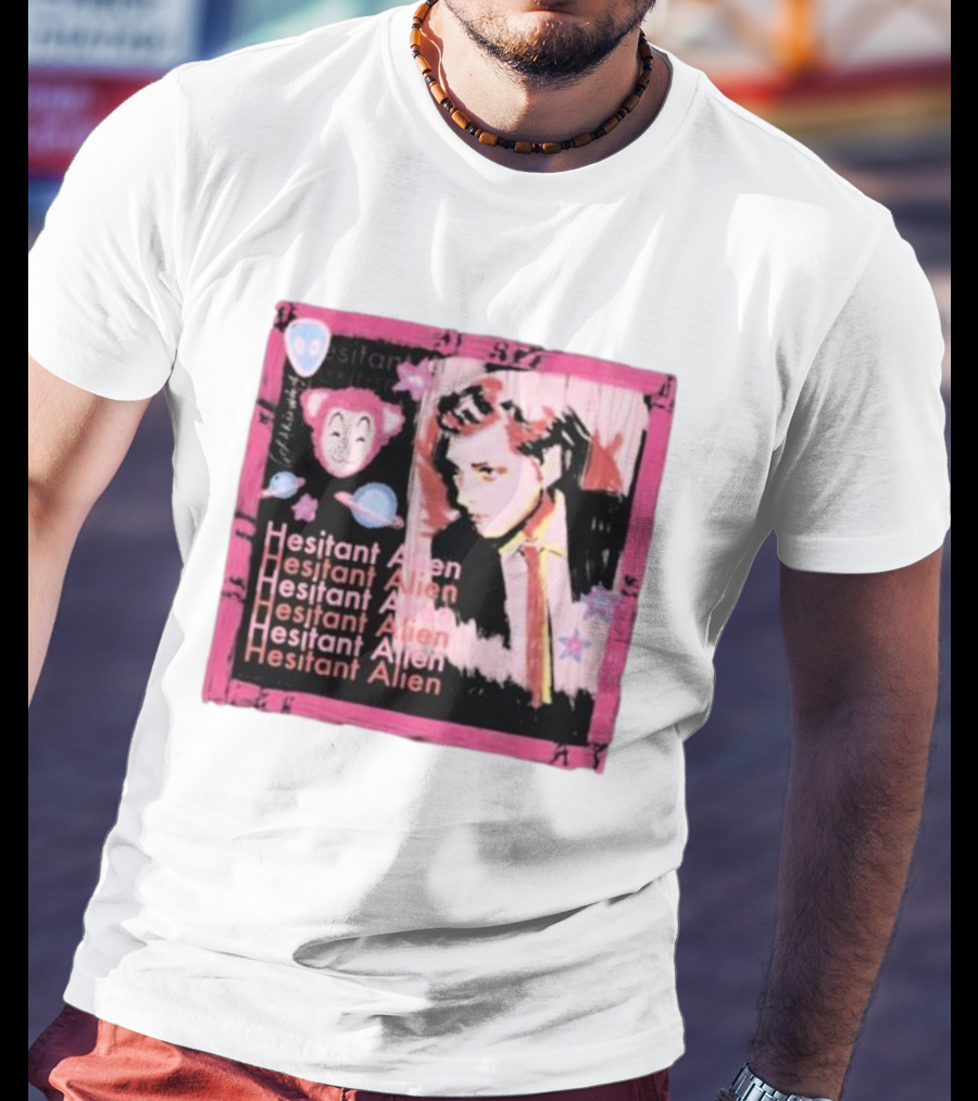 Hesitant Alien Pink Portrait Repeated Text And Mask Cartoon T-Shirt