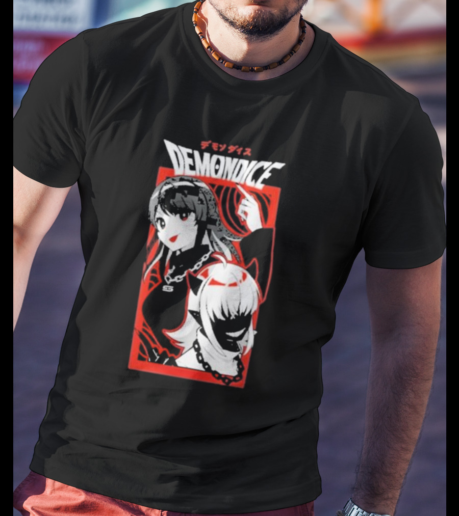 DEMONDICE Anime Style Red And White Character Design Chains T-Shirt