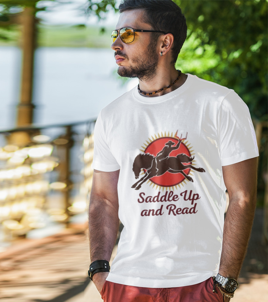 Saddle Up And Read Horseback Silhouette Against Sunburst T-Shirt