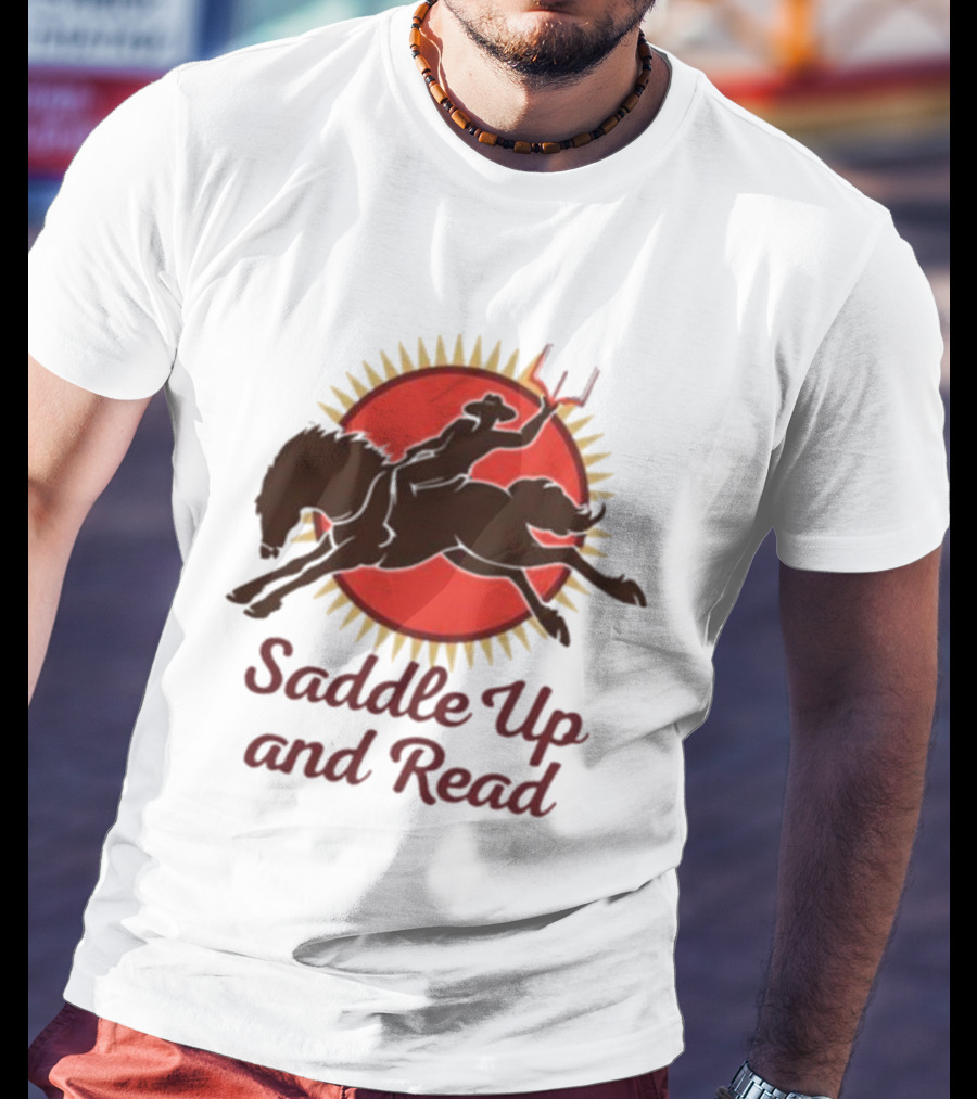 Saddle Up And Read Horseback Silhouette Against Sunburst T-Shirt