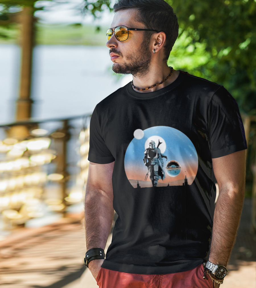 Protect The Child Star War Walking Mandalorian Sunset Adventure T-Shirt