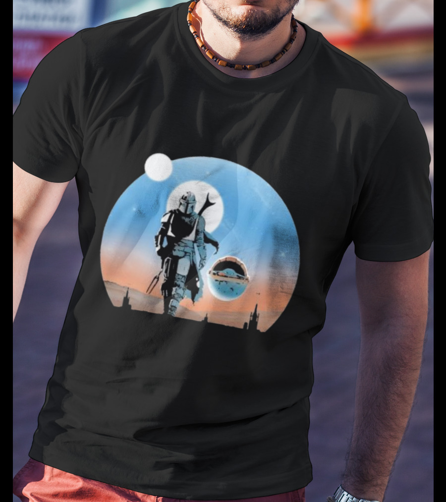 Protect The Child Star War Walking Mandalorian Sunset Adventure T-Shirt