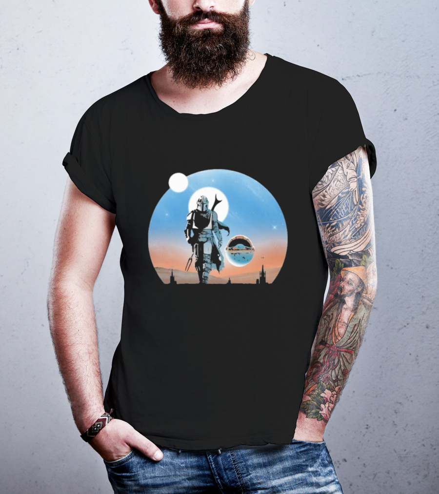 Protect The Child Star War Walking Mandalorian Sunset Adventure T-Shirt