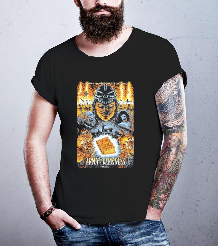 Trapped In Time Surrounded By Evil Low On Gas Army Of Darkness Necronomicon Evil Dead Horror Collage T-Shirt