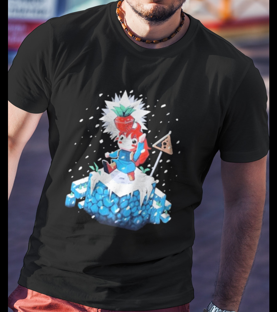 The Yetee Celeste 64 Pixel Adventure Character With Strawberry And Flag On Ice Mountain T-Shirt