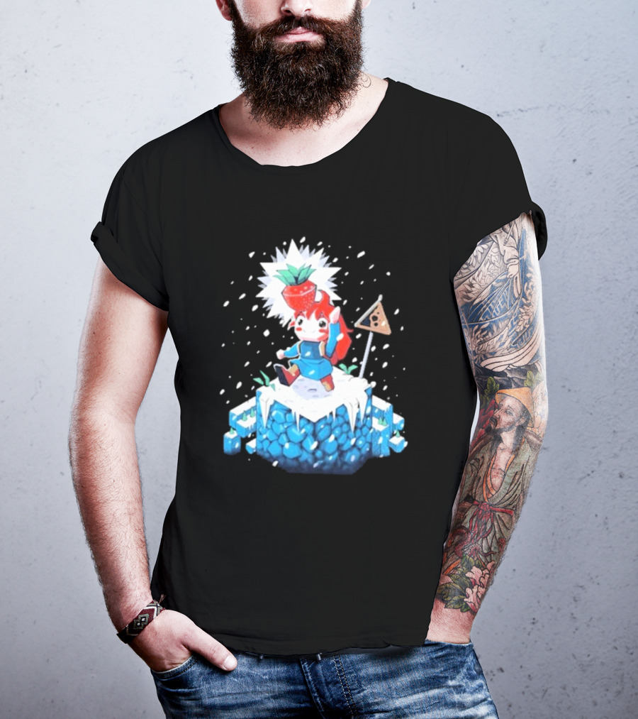 The Yetee Celeste 64 Pixel Adventure Character With Strawberry And Flag On Ice Mountain T-Shirt
