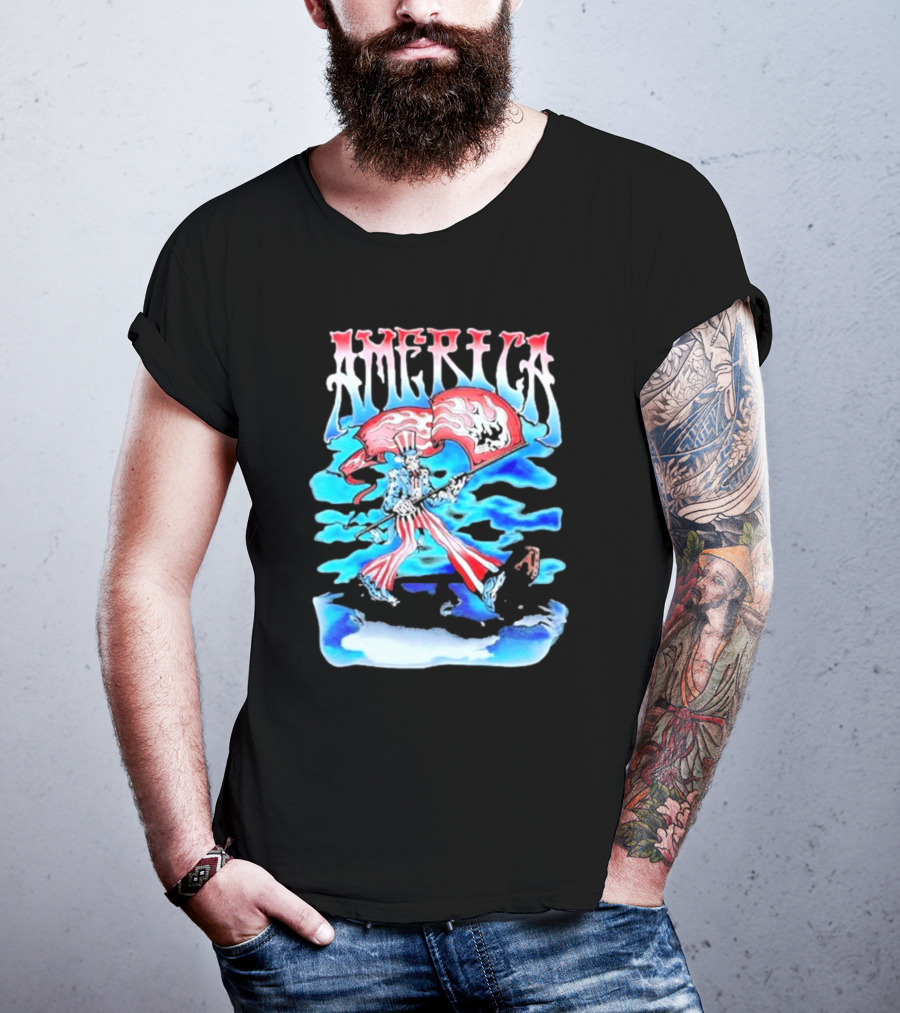 Warren Lotas America Skeleton Uncle Sam With Skull Flags T-Shirt