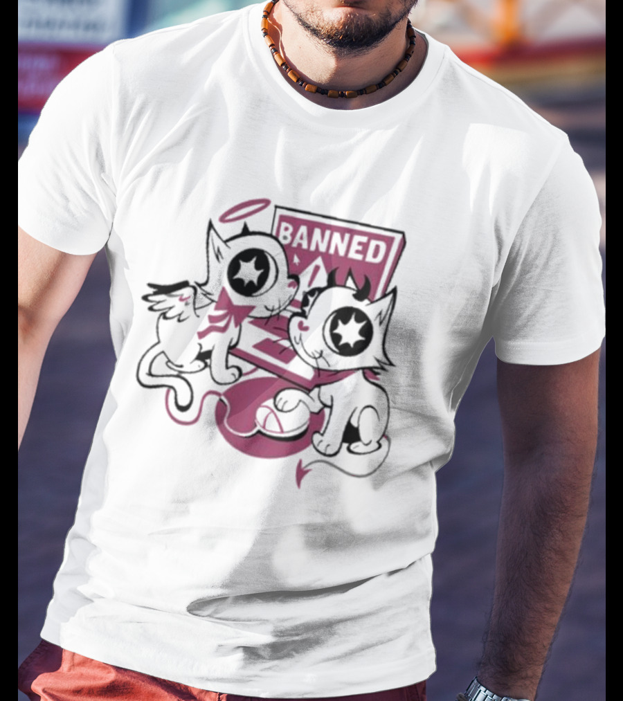 Sinjin Banned Angel Devil Cats With Starry Eyes Sitting By Computer T-Shirt