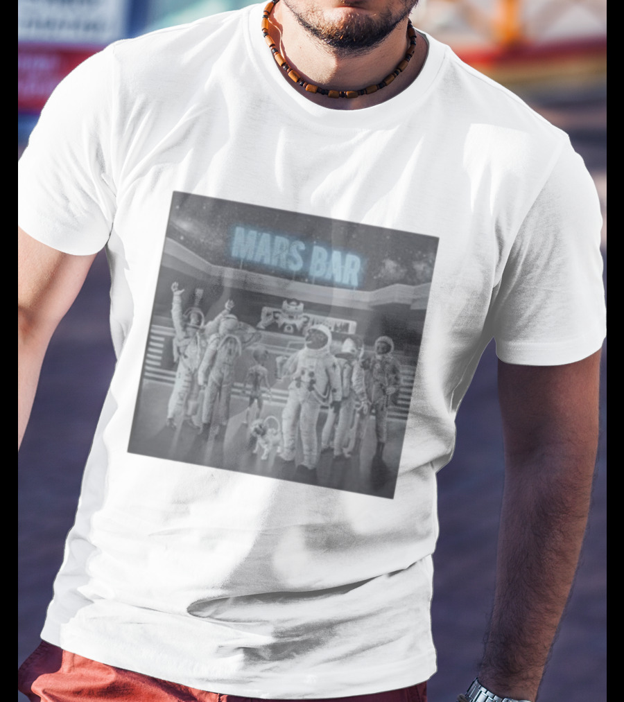 Mars Bar With Astronauts And Alien In Space Scene T-Shirt