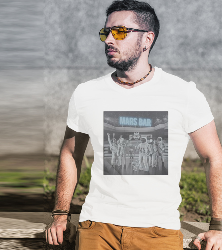 Mars Bar With Astronauts And Alien In Space Scene T-Shirt