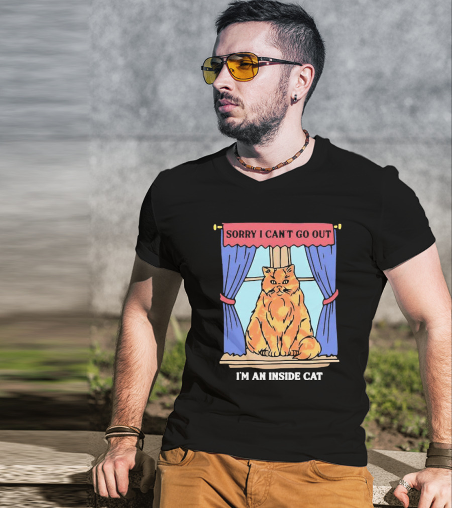 Sorry I Can’t Go Out I’m An Inside Cat Window Curtains Blue Orange Cat T-Shirt