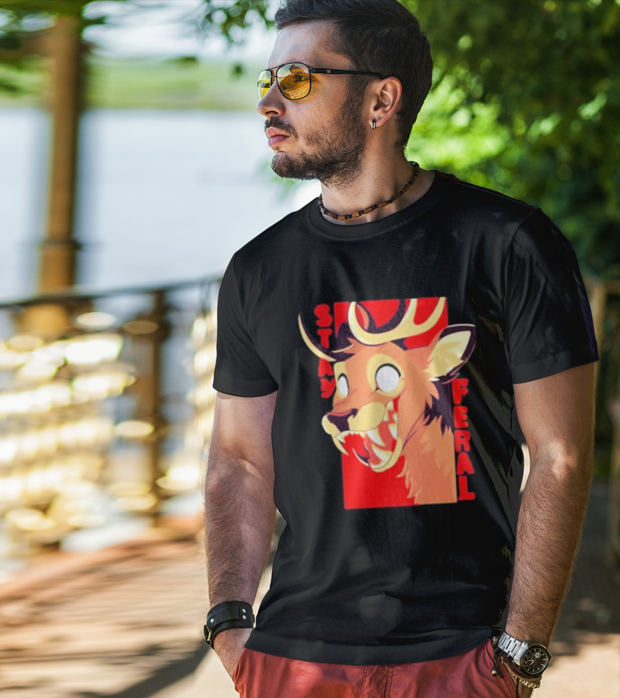Stay Feral Toothy Deer Wild Expression Monochrome Cartoon T-Shirt
