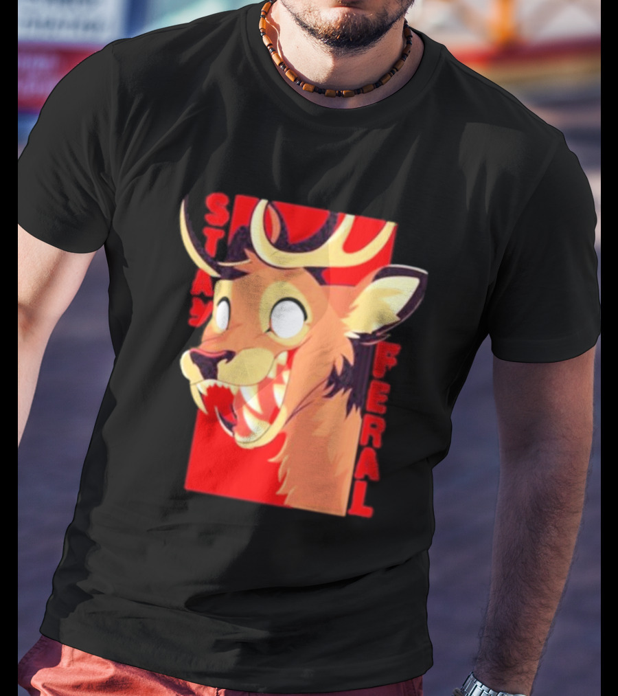 Stay Feral Toothy Deer Wild Expression Monochrome Cartoon T-Shirt